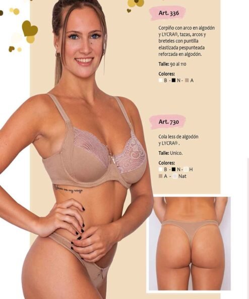 Codigo: 336 -- mi alma lenceria -- Corpiño c/Arco en Algodon y Lycra, Tazas, Arcos y Breteles con Puntilla Elastizada Pespunteada Reforzada en Algodon