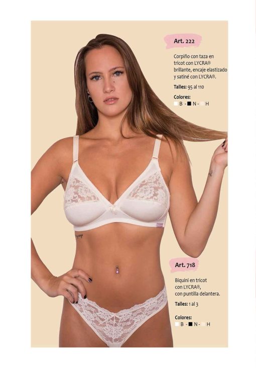 Codigo: 222 -- mi alma lenceria -- Corpiño c/Taza en Tricot c/Lycra Brillante, Encaje Elastizado y Satine c/Lycra