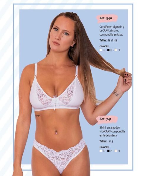 Codigo: 340 -- mi alma lenceria -- Corpiño en Algodon y Lycra, s/Aro, c/Puntilla en Taza
