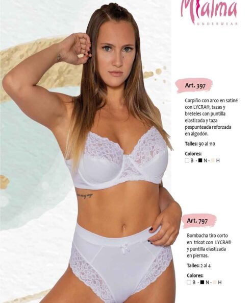 Codigo: 397 -- mi alma lenceria -- Corpiño c/Arco en Satine c/Lycra, Tazas y Breteles c/Puntilla y Taza Pespunteada Reforzada en Algodon