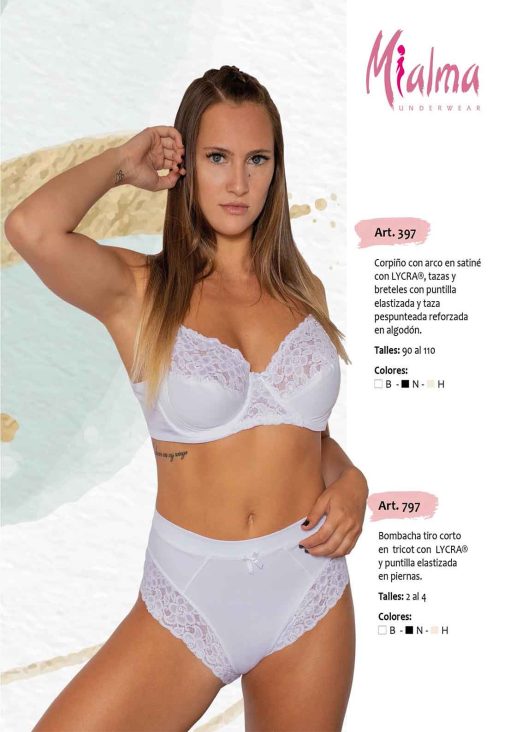 Codigo: 397 -- mi alma lenceria -- Corpiño c/Arco en Satine c/Lycra, Tazas y Breteles c/Puntilla y Taza Pespunteada Reforzada en Algodon