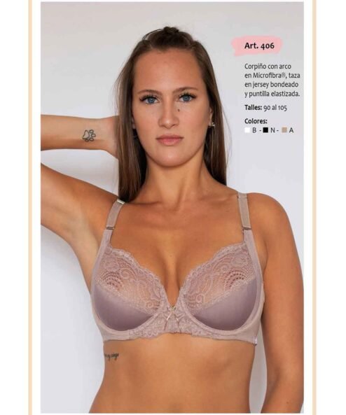 Codigo: 406 -- mi alma lenceria -- Corpiño c/Arco en Microfibra, Taza en Jersey Bondeado y Puntilla Elastizada