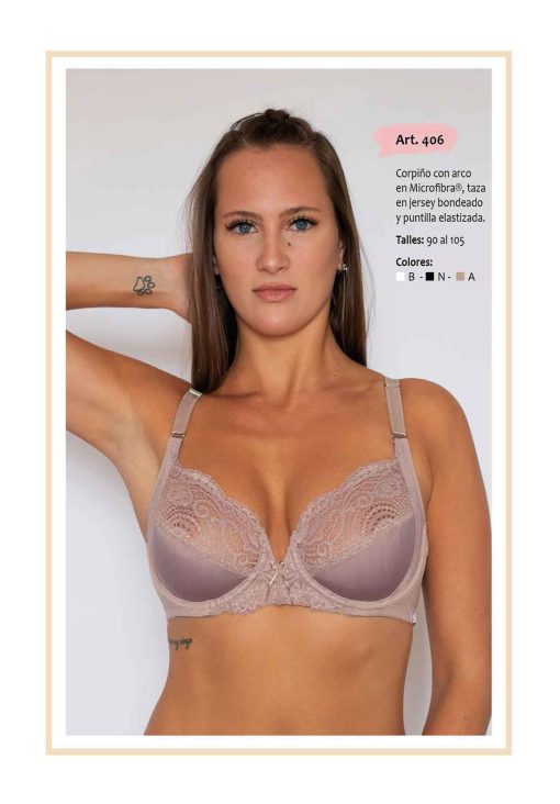 Codigo: 406 -- mi alma lenceria -- Corpiño c/Arco en Microfibra, Taza en Jersey Bondeado y Puntilla Elastizada