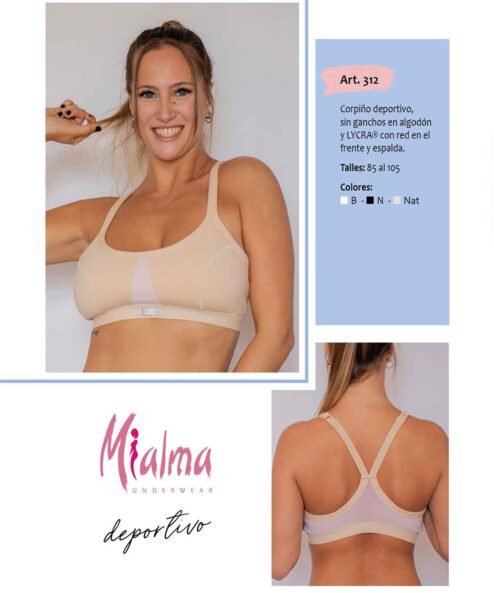 Codigo: 312 -- mi alma lenceria -- Corpiño Deportivo s/Ganchos en Algodon y Lycra c/Red en el Frente y Espalda