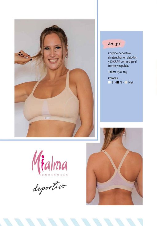 Codigo: 312 -- mi alma lenceria -- Corpiño Deportivo s/Ganchos en Algodon y Lycra c/Red en el Frente y Espalda