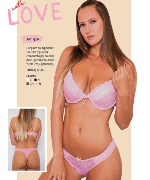 Codigo: 520 -- mi alma lenceria -- Conjunto en Algodon y Lycra y Puntilla Compuesto por Soutien Push Up c/Aro, Bikini y Colaless (3 Prendas)