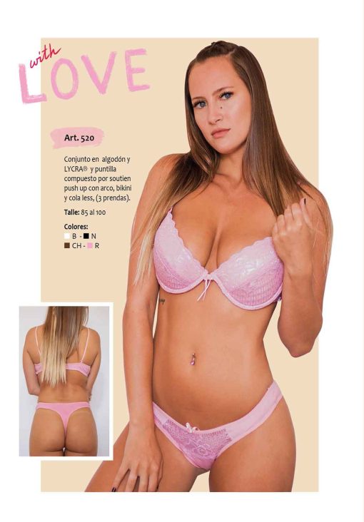 Codigo: 520 -- mi alma lenceria -- Conjunto en Algodon y Lycra y Puntilla Compuesto por Soutien Push Up c/Aro, Bikini y Colaless (3 Prendas)