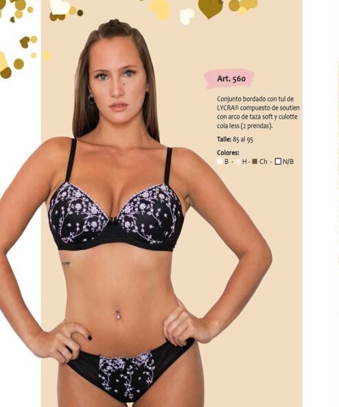 Codigo: 560 -- mi alma lenceria -- Conjunto Bordado c/Tul de Lycra Compuesto de Soutien c/Arco de Taza Soft y Culotte Colaless (2 Prendas)