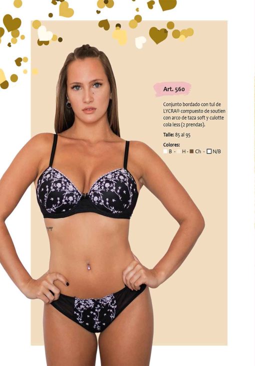 Codigo: 560 -- mi alma lenceria -- Conjunto Bordado c/Tul de Lycra Compuesto de Soutien c/Arco de Taza Soft y Culotte Colaless (2 Prendas)