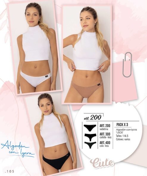 Codigo: 200 -- marey lingerie -- PACK X 3 vedetina algodon con lycra "LISOS"