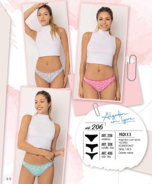 Codigo: 406 -- marey lingerie -- PACK X 3 colaless algodon con lycra "FLORES SOBRETONO"