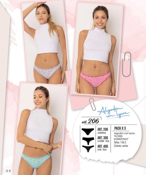 Codigo: 206 -- marey lingerie -- PACK X 3 vedetina algodon con lycra "FLORES SOBRETONO"