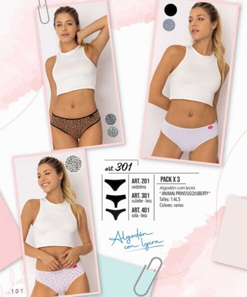 Codigo: 401 -- marey lingerie -- PACK X 3 colaless algodon con lycra "ANIMAL PRINT/LISO/LIBERTY"