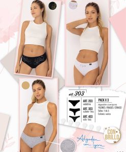 Codigo: 203 -- marey lingerie -- PACK X 3 vedetina algodon con lycra "FLORES/FRASES/STRASS"