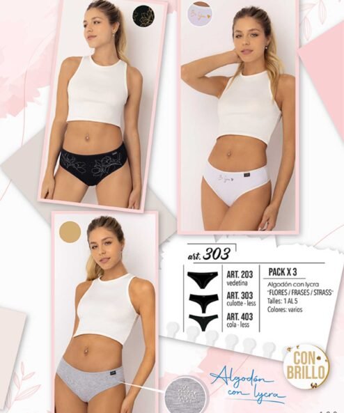 Codigo: 303 -- marey lingerie -- PACK X 3 culotte less algodon con lycra "FLORES/FRASES/STRASS"