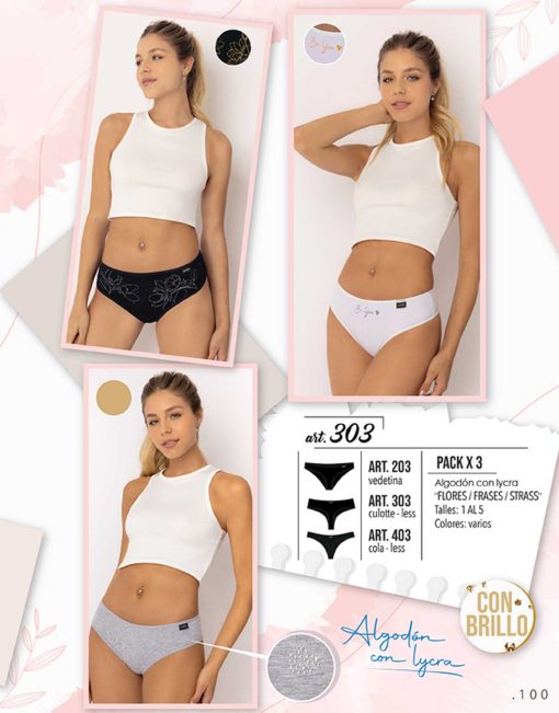Codigo: 203 -- marey lingerie -- PACK X 3 vedetina algodon con lycra "FLORES/FRASES/STRASS"