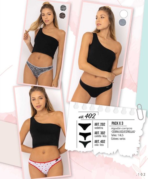Codigo: 402 -- marey lingerie -- PACK X 3 colaless algodon con lycra "CEBRA/LISO/ESTRELLAS"