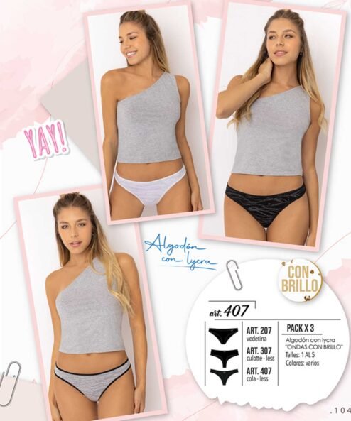 Codigo: 207 -- marey lingerie -- PACK X 3 vedetina algodon con lycra "ONDAS CON BRILLO"