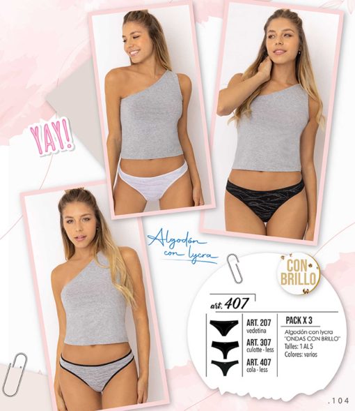 Codigo: 207 -- marey lingerie -- PACK X 3 vedetina algodon con lycra "ONDAS CON BRILLO"