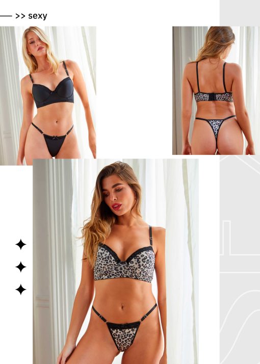Codigo: 444 -- tiento ropa interior -- Conjunto Corset taza soft y tanga less de microfibra estampada y puntilla