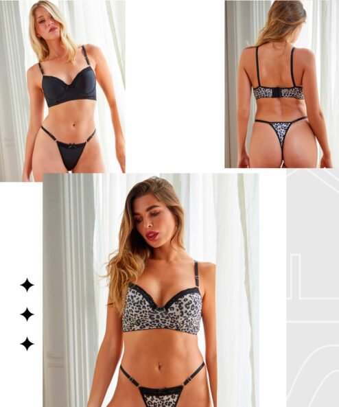 Codigo: 444 -- tiento ropa interior -- Conjunto Corset taza soft y tanga less de microfibra estampada y puntilla