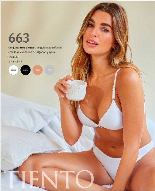 Codigo: 663 -- tiento ropa interior -- Conjunto tres piezas triangulo taza soft con cola less y vedetina de algodon y lycra - Image 2