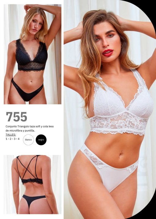 Codigo: 755 -- tiento ropa interior -- Conjunto triangulo taza soft y cola less de microfibra y puntilla