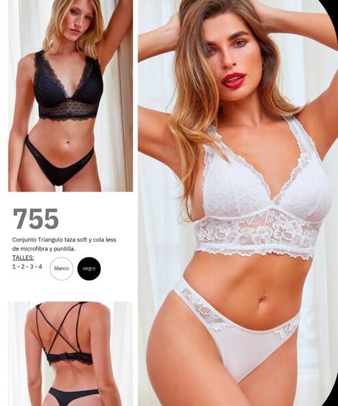 Codigo: 755 -- tiento ropa interior -- Conjunto triangulo taza soft y cola less de microfibra y puntilla