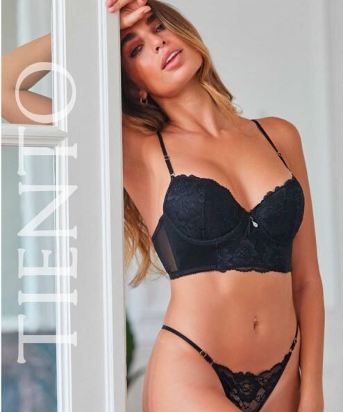 Codigo: 762 -- tiento ropa interior -- Conjunto corset taza soft y tanga less de tul lycra y puntilla.