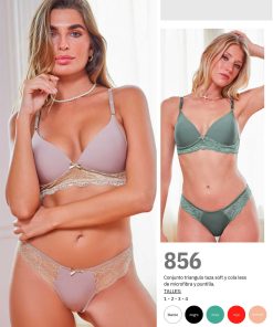 Codigo: 856 -- tiento ropa interior -- Conjunto triangulo taza soft y cola less de microfibra y puntilla