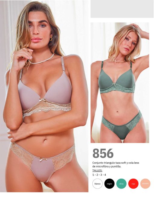 Codigo: 856 -- tiento ropa interior -- Conjunto triangulo taza soft y cola less de microfibra y puntilla