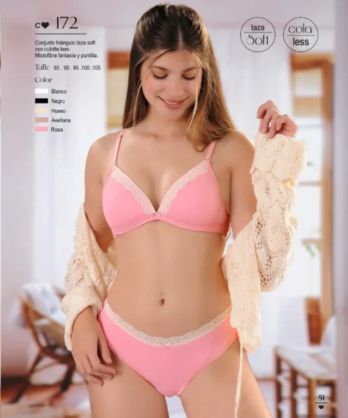 Codigo: 172 -- coramina lenceria -- Conjunto triangulo taza soft con culotte less. Microfibra fantasia y puntilla.