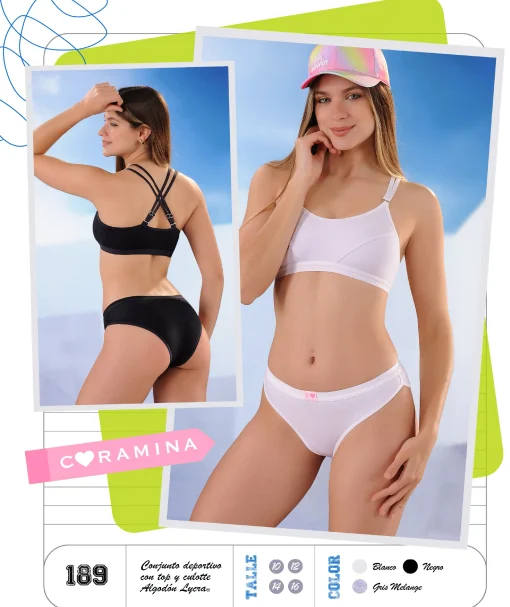 Codigo: 189 -- coramina lenceria -- Conjunto deportivo con top y culotte. Algodon lycra.
