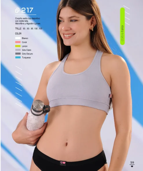 Codigo: 217 -- coramina lenceria -- Corpiño estilo top deportivo con doble tela. Microfibra y algodon lycra.