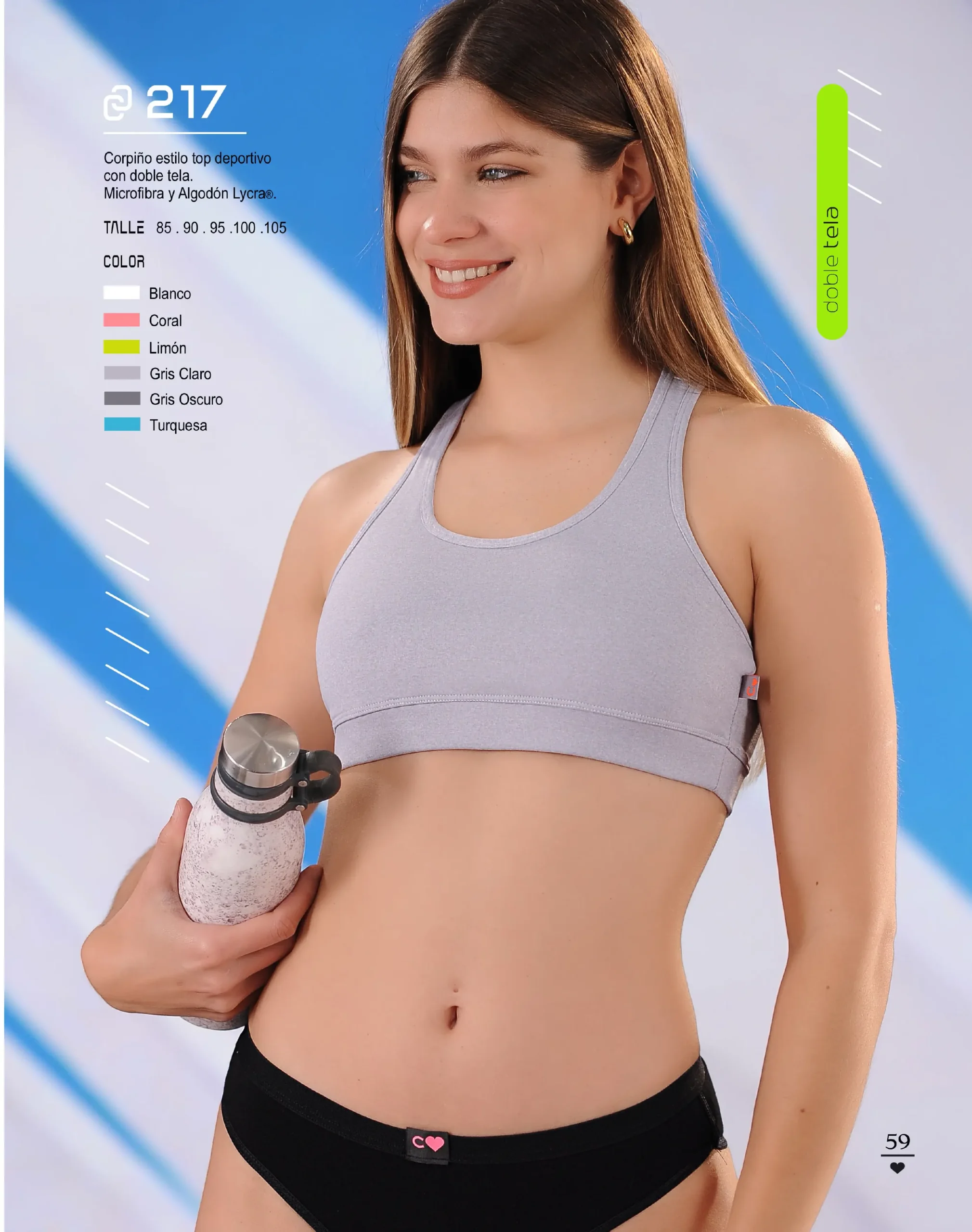 Codigo: 217 -- coramina lenceria -- Corpiño estilo top deportivo con doble tela. Microfibra y algodon lycra.