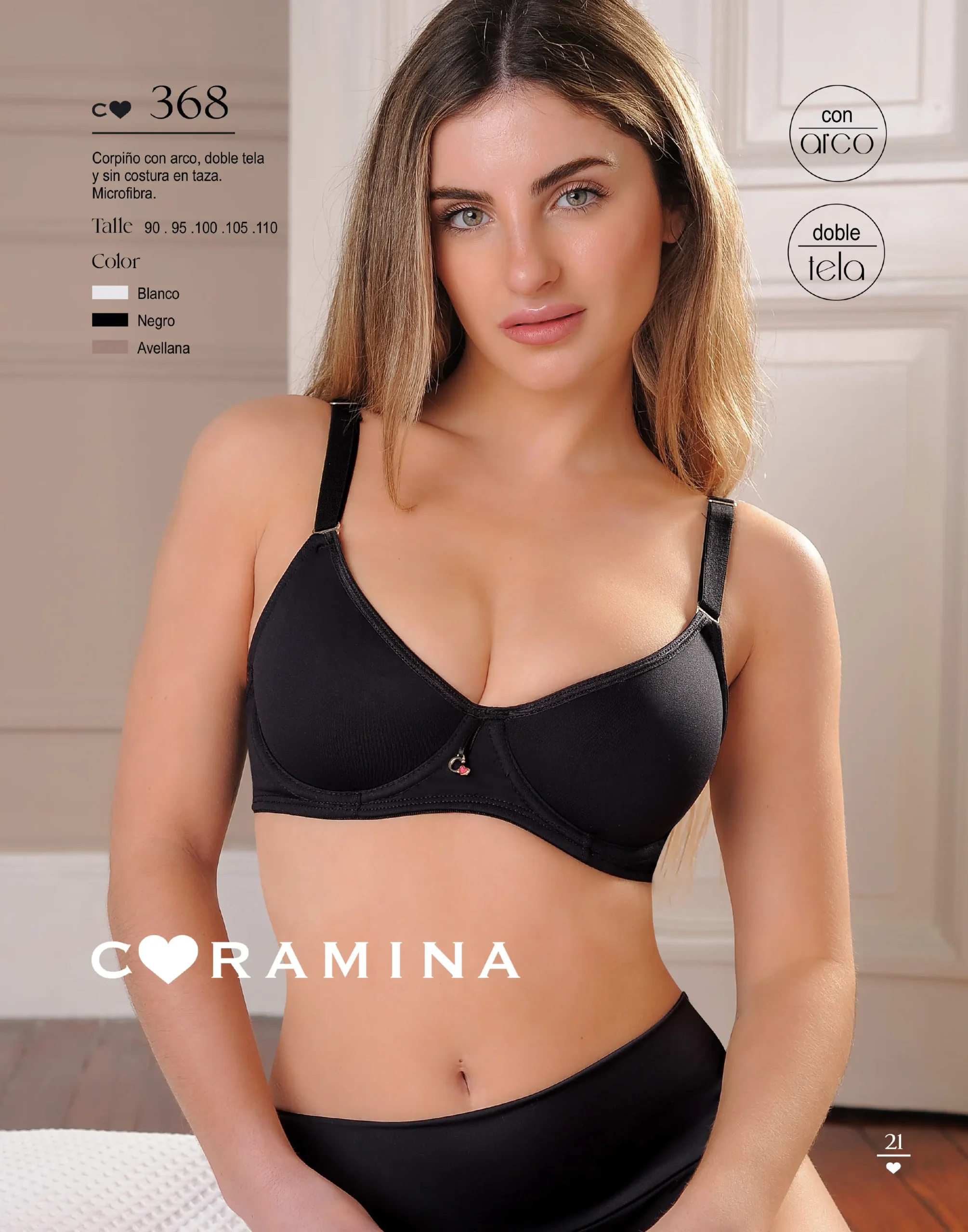 Codigo: 368 -- coramina lenceria -- Corpiño con arco, doble tela sin costura en taza. Microfibra.