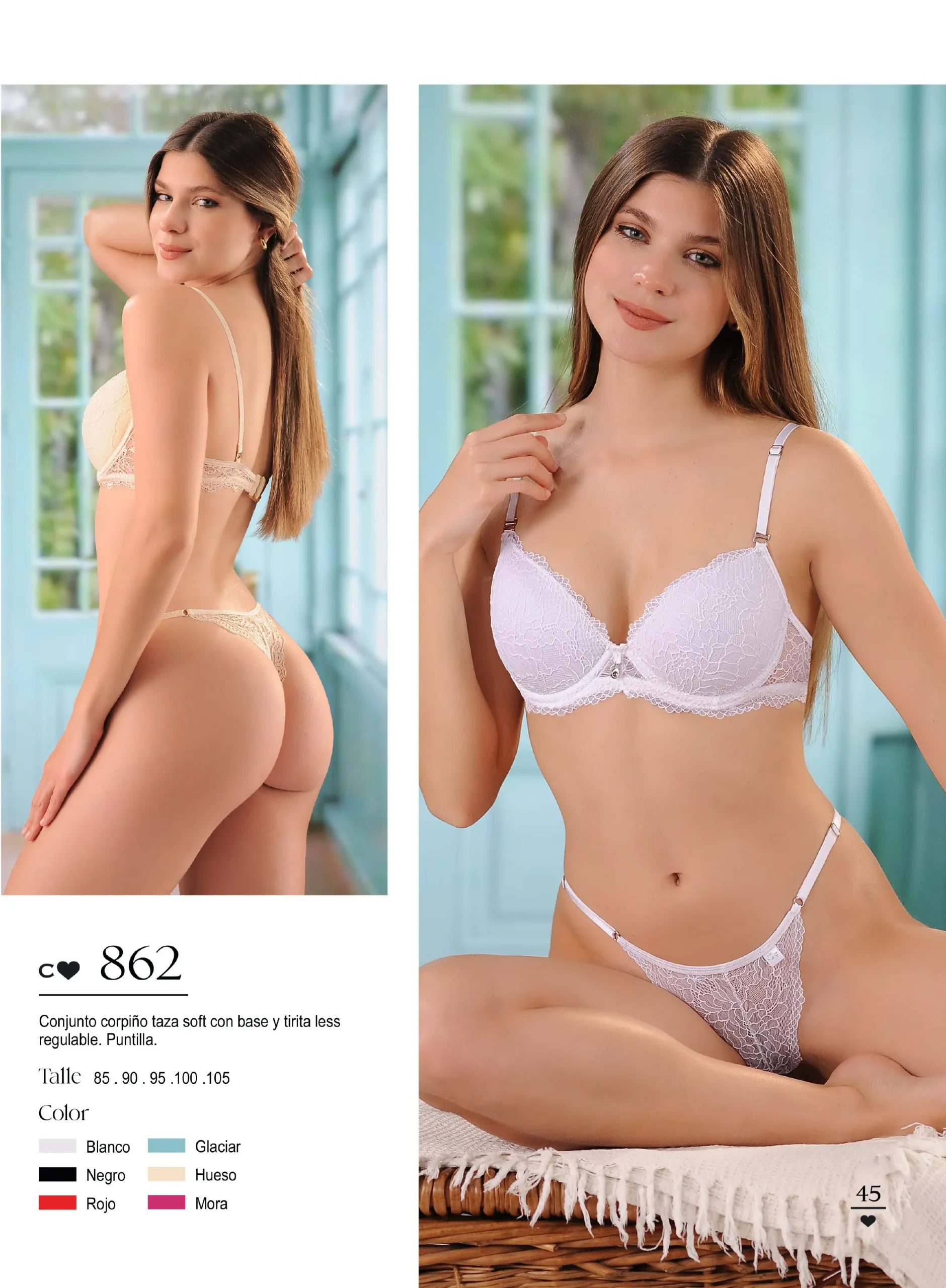 Codigo: 862 -- coramina lenceria -- Conjunto corpiño taza soft con base y tirita less regulable. Puntilla. - Imagen 2