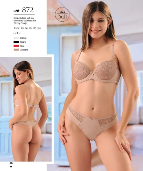 Codigo: 872 -- coramina lenceria -- Conjunto taza soft lisa con base y cola less alta. Tricot y encaje.