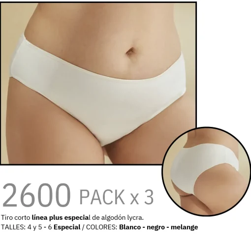 Codigo: 2600 -- tiento ropa interior -- PACK X 3 Tiro corto línea plus especial de algodón lycra