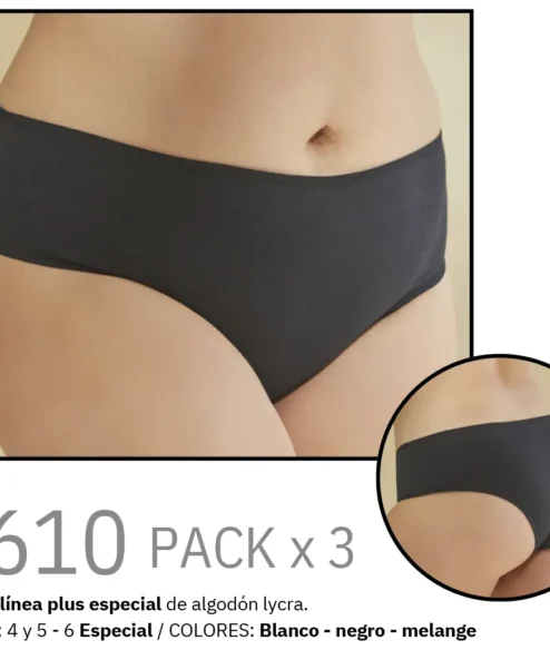 Codigo: 2610 -- tiento ropa interior -- PACK X 3 Culotte línea plus especial de algodón lycra