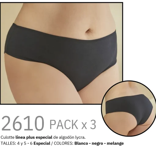 Codigo: 2610 -- tiento ropa interior -- PACK X 3 Culotte línea plus especial de algodón lycra