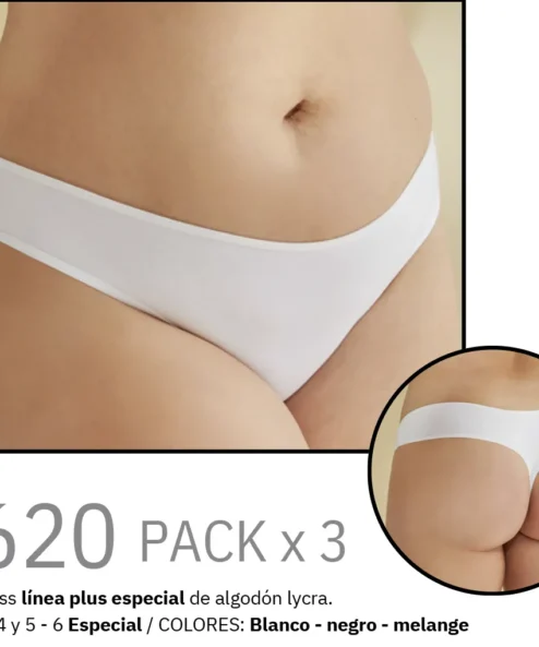 Codigo: 2620 -- tiento ropa interior -- PACK X 3 Culotteless línea plus especial de algodón lycra.