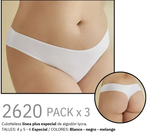 Codigo: 2620 -- tiento ropa interior -- PACK X 3 Culotteless línea plus especial de algodón lycra.