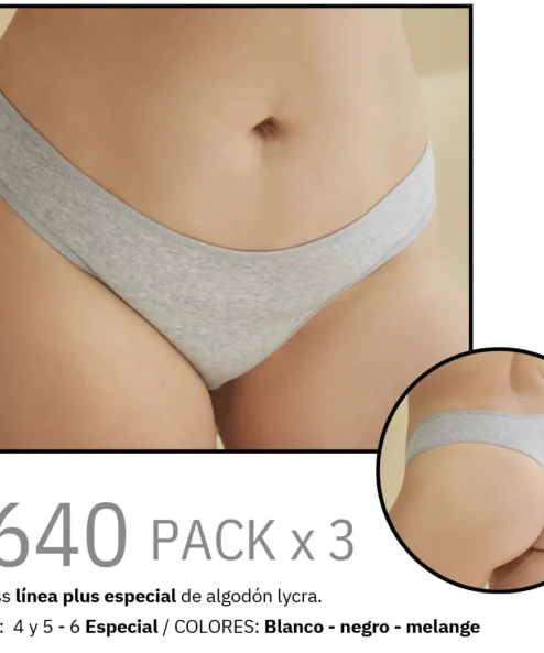 Codigo: 2640 -- tiento ropa interior -- PACK X 3 Cola less línea plus especial de algodón lycra