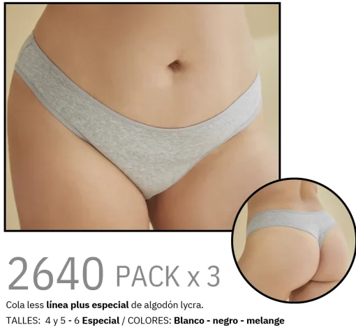 Codigo: 2640 -- tiento ropa interior -- PACK X 3 Cola less línea plus especial de algodón lycra