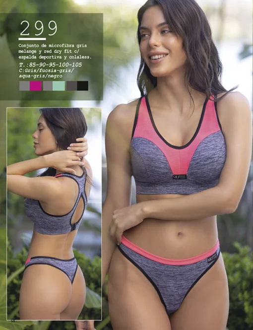 Codigo: 299 -- melifera lenceria -- Conjunto Deportivo de Microfibra Gris melange c/espalda deportiva y broche combinado con red dry fit c/colaless clasica
