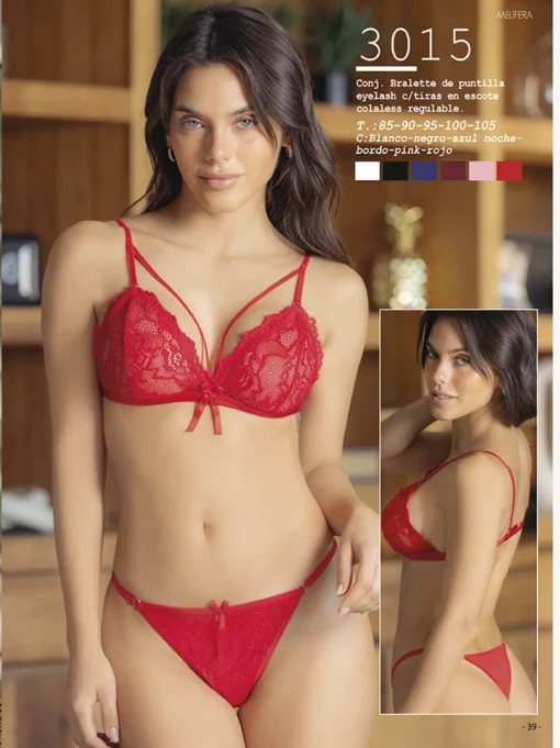 Codigo: 3015 -- melifera lenceria -- Conjunto Bralette de Puntilla Eyelash c/Tiras en Escote c/Colaless Regulable