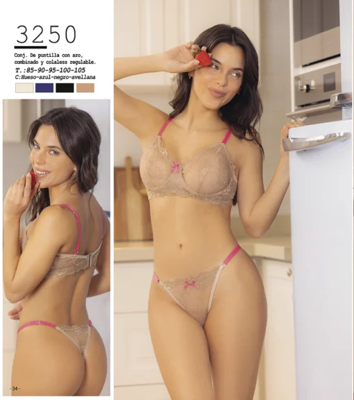 Codigo: 3250 -- melifera lenceria -- Conjunto de puntilla con aro combinado y colaless regulable