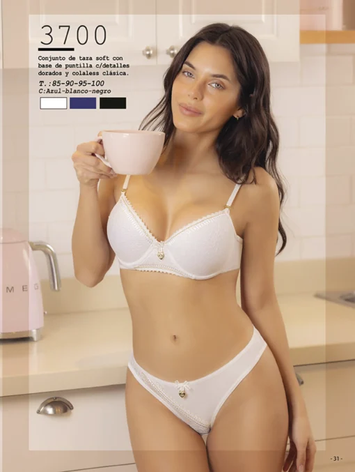 Codigo: 3700 -- melifera lenceria -- Conjunto taza soft con base de puntilla con detalles dorados y colaless clasica