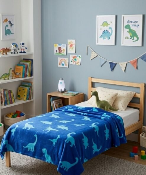 DANUBIO 8809A - Frazada manta polar infantil 1 1/2 plaza 161cm x 220 cm dinosaurios.
